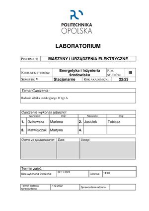 Badanie Silnika Indukcyjnego Pier Cieniowego Laboratorium Przedmiot