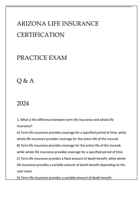 ARIZONA LIFE INSURANCE CERTIFICATION PRACTICE EXAM Q & A 2024 - Online ...