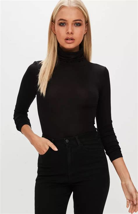 Missguided Black Funnel Neck Long Sleeve Bodysuit Turtleneck