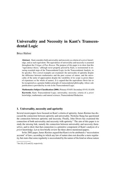 Universality And Necessity In Kant S Transcen Dental Logic DocsLib