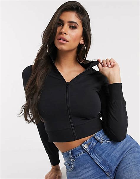 Asos Design Cropped Zip Through Track Top In Black Asos