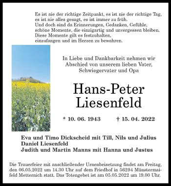 Traueranzeigen Von Hans Peter Liesenfeld Rz Trauer De