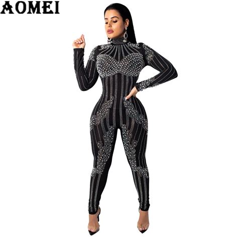 Women Sexy See Through Mesh Jumpsuit Long Sleeves With Bead Glitter