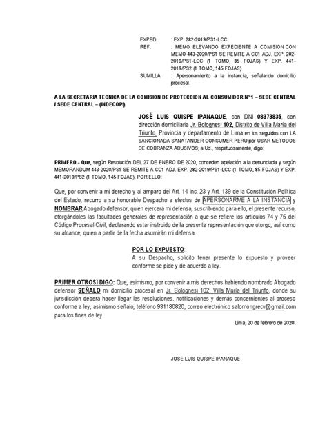 Apersonamiento A La Instancia Nombramiento De Abogado Defensor Y SeÑalamiento De Domicilio