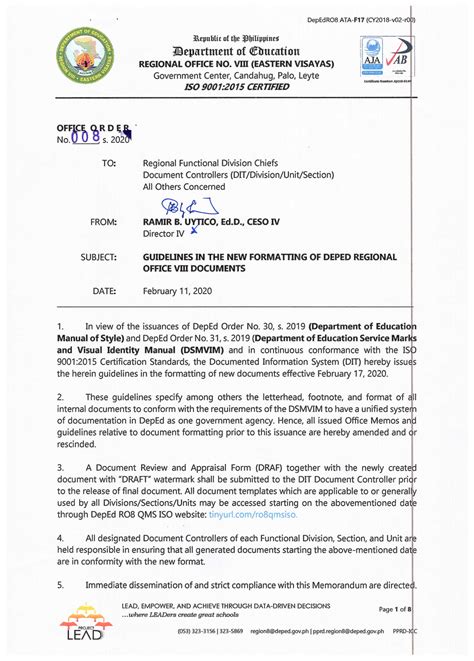 Oo No 008 S 2020 Guidelines In The New Formatting Of Deped Regional