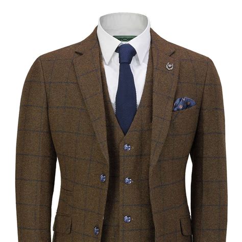 Mens Classic Tweed 3 Piece Suit Tan Brown Herringbone Check Retro Peaky