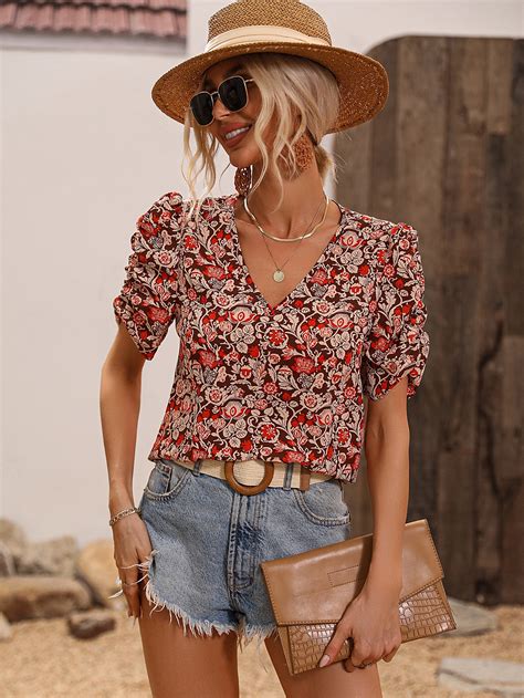 Shein Lune Blusa Con Estampado Floral Con Dise O Fruncido De Manga