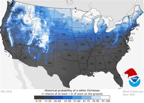 This map shows the historical probability of there being at least one inch of snow on the ground ...