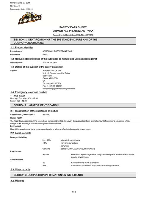 Safety Data Sheet Armor All Protectant Wax Toolbank