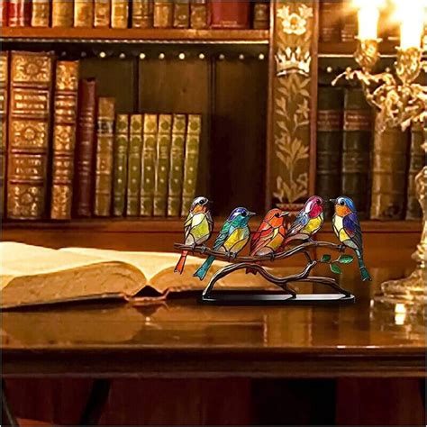 Stained Glass Birds On Branch Desktop Ornaments Sided Multicolor