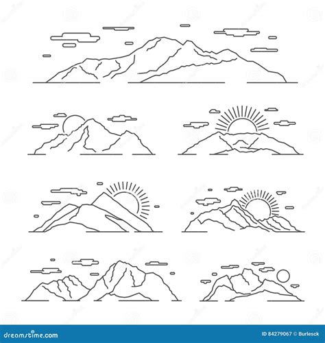 Linear Mountains Vector Illustration Line Mountain Alps Landscape Set