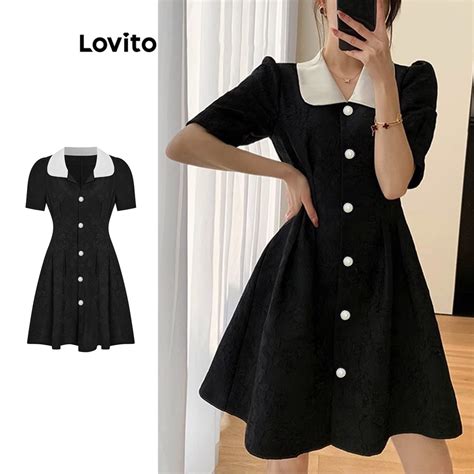 Lovito Casual Vestido Feminino Liso Colorblock Gola Contrastante