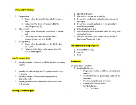 Week 1 Notes Preoperative Nursing Preoperative Nursing Preoperative