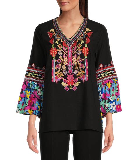 Calessa Embroidered Patchwork V Neck 3 4 Sleeve Tunic Dillards