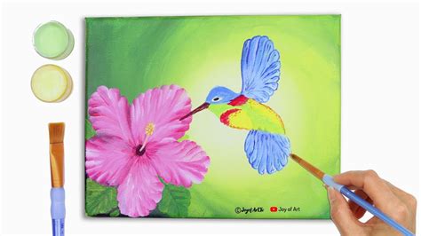 How To Paint Hummingbird And Hibiscus Flower Easy Acrylic Painting Demo