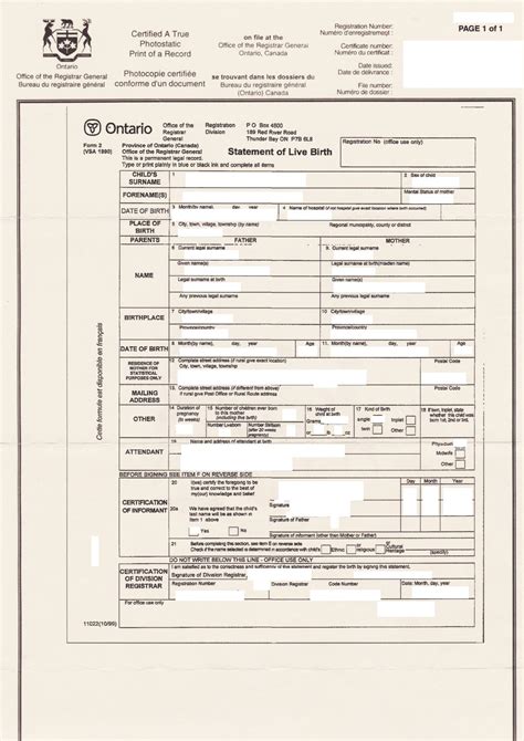 Statement of Live Birth Canada Ontario Beglaubigte Übersetzungen