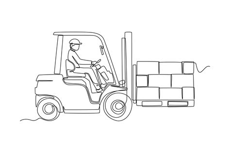 Continuous One Line Drawing Man Driving Forklift Truck To Moving Boxes