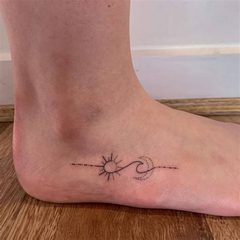 Minimalist Sun Moon And Wave Tattoo On The Foot