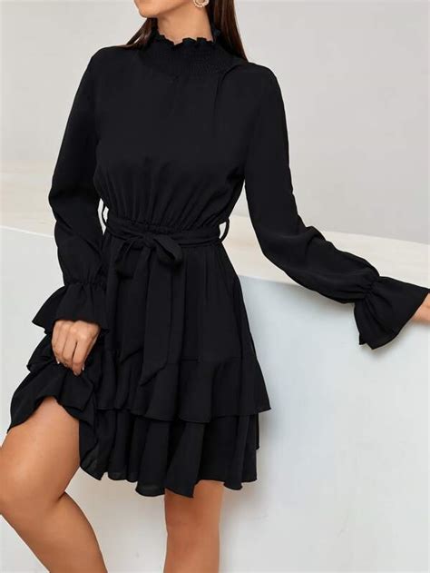 SHEIN Frenchy Flounce Sleeve Shirred Neck Ruffle Hem Belted Dress