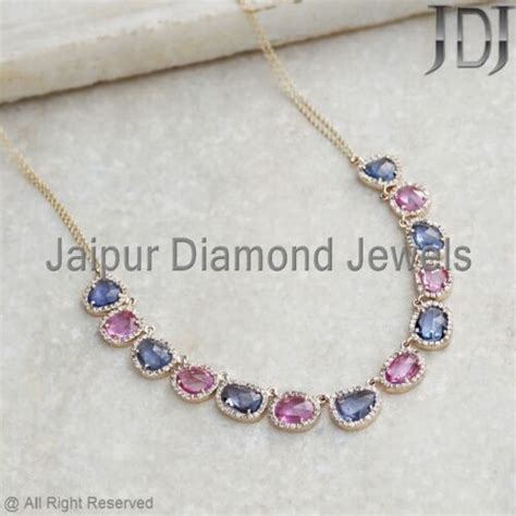 Solid 14k Yellow Gold Natural Diamond Multi Sapphire Gemstone 18 Inch Necklace Ebay