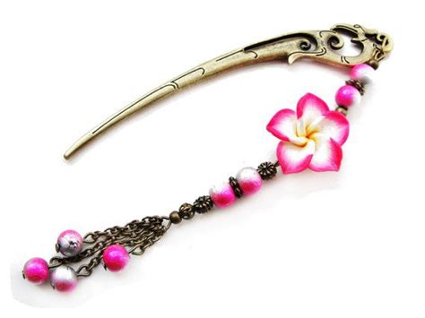 Set Of Hair Sticks White Pink Polymer Clay Flowers Japanese Kanzashi