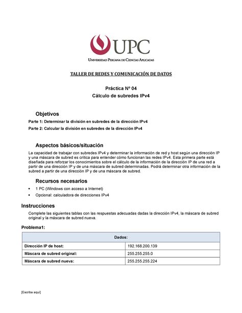 Laboratorio No 4 Calculo Subredes IPv4 TALLER DE REDES Y