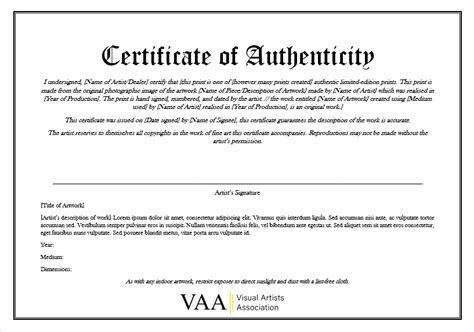 Certificate of Authenticity - Visual Artists Association