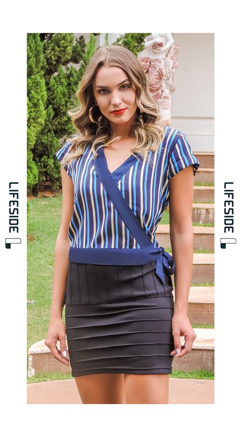 LIFESIDE Moda Feminina Primavera 2019 Blusa Listrada Transpassada