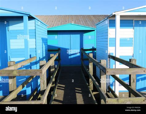 Blue Beach Huts Whitstable Kent Stock Photo Alamy