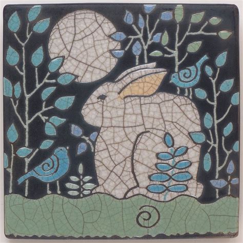 Rabbit Bunny And Birds6x6 Raku Fired Art Tilehandmade Ceramic Tile Home Decor 6800 Via