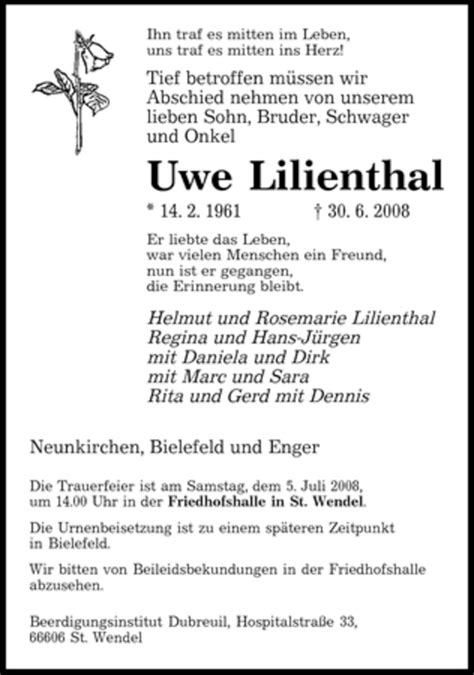 Traueranzeigen Von Uwe Lilienthal Saarbruecker Zeitung Trauer De