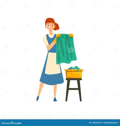 Cleaning Woman Hanging Clean Wet Clothes Out To Dry Maid Character