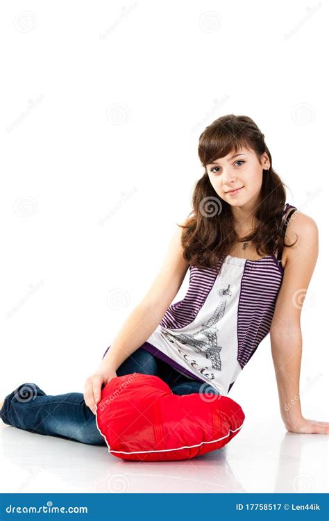 Beautiful Girl With Heart Shaped Red Pillow Stock Image Image Of