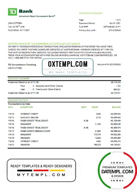 USA TD Bank Statement Template In Xls And Pdf File Format