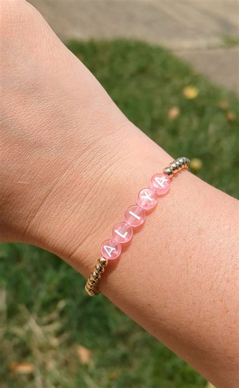 14k Gold Filled Bead Bracelet With Translucent Pink Lettering Etsy