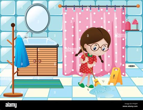 Girl Cleaning Bathroom Floor Illustration Stock Vector Image And Art Alamy