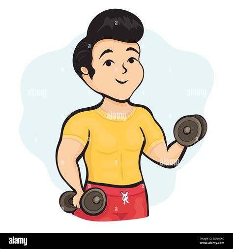 Cartoon Character Muscular Guy Athlete With Dumbbells In Hands Playing