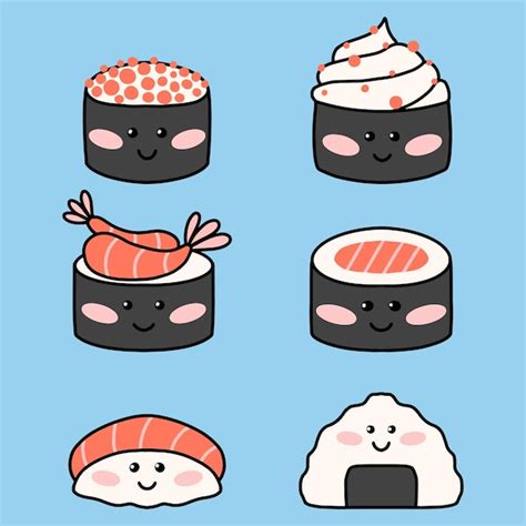 Sushi set im kawaii stil süßes japanisches sushi mit einem lächeln