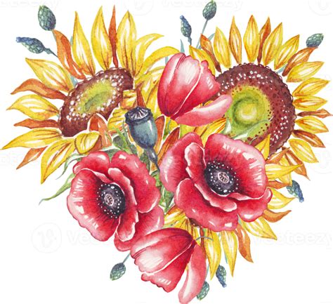 Ukrainian Heart Watercolor Sunflower And Poppy Flower Png