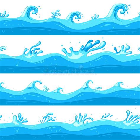 Ondas De Cartoon Oceano Fluxo De Caça De Onda Plana Contornos