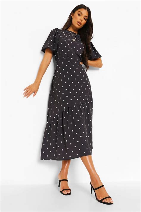 Womens Polka Dot Puff Sleeve Midi Dress Boohoo Uk