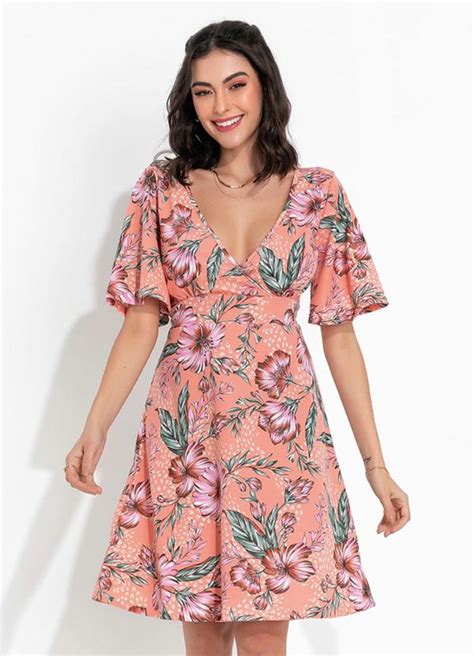 Vestido Floral Decote Transpassado Moda Pop