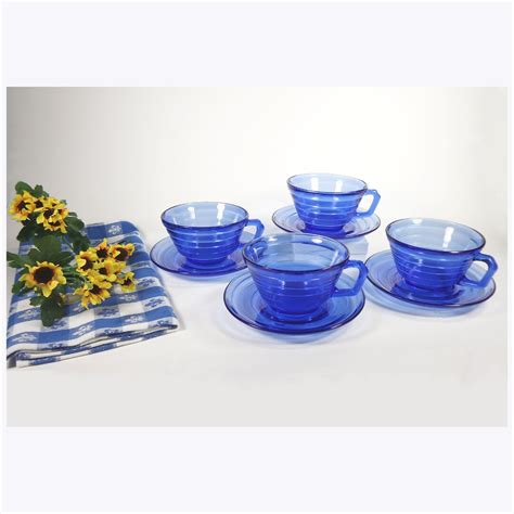 Set Of 4 Cobalt Blue Moderntone Cups And Saucers Hazel Atlas Depression Glass Etsy