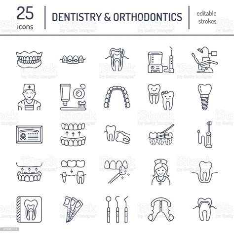 치과 치열 교정 라인 아이콘 치과 치료 장비 교정기 치아 보 철물 베 니 어판 치 실 충 치 치료 및 기타 의료 요소 치과