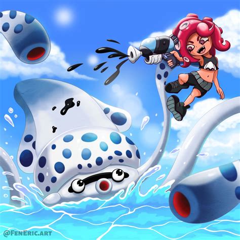 An Octoling Fighting Gooper Blooper From Super Mario Own Art R