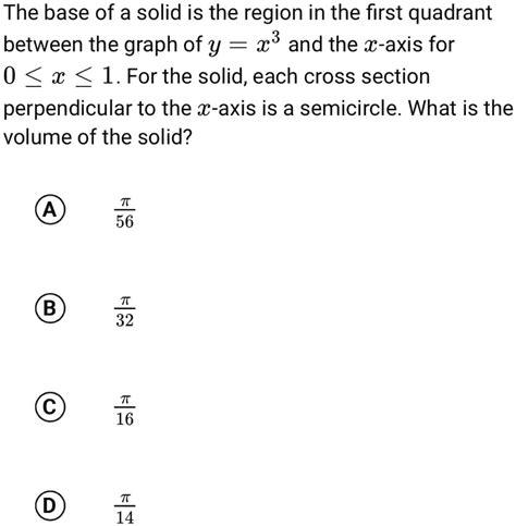 Solved The Base Of A Solid Is The Region In The First Quadrant Between