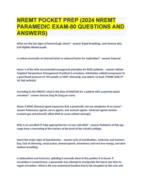 Nremt Pocket Prep 2024 Nremt Paramedic Exam 80 Questions And Answers