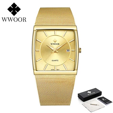 Wwoor Luxury Fashion Gold Watch Men Square Quartz Steel Mesh