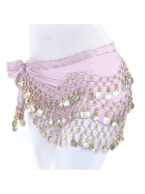 Womens Belly Dance Hip Skirt Scarf Wrap Belt With Chiffon Dangling Gold Coins Pink C318429tg3s