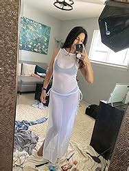 Verdusa Women S Swimsuit Mesh Cover Up High Split Drawstring Bikini Long Dress At Amazon Womens